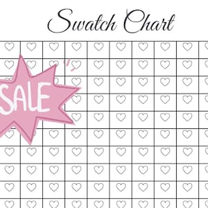 Puede incluir: Un gráfico de muestras en blanco y negro con forma de corazón, el texto "Swatch Chart" y una estrella rosa "SALE". Una etiqueta rosa con "M WA BOOKS WB" está en la esquina inferior derecha. El texto "BY MAWABOOKS" está en la parte inferior.