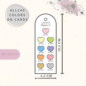 Herzförmige Swatch Cards für Languo 240 Acrylic Paint Markers auf einem neutralen Hintergrund. Mehrere schmale Karten mit gleichmäßig angeordneten Herzfeldern zum Ausmalen jeder einzelnen Farbe. Die Karten sind übersichtlich strukturiert, nach Farbgruppen sortiert und nummeriert. Das Design ist klar, ruhig und funktional. Ideal zum Testen, Vergleichen und Ordnen der gesamten 240er Acrylmarker-Palette. Digitales DIN A4 PDF zum Ausdrucken.