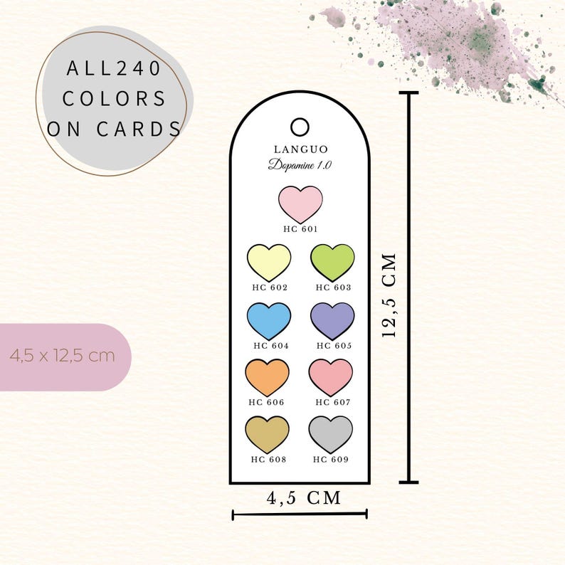 Herzförmige Swatch Cards für Languo 240 Acrylic Paint Markers auf einem neutralen Hintergrund. Mehrere schmale Karten mit gleichmäßig angeordneten Herzfeldern zum Ausmalen jeder einzelnen Farbe. Die Karten sind übersichtlich strukturiert, nach Farbgruppen sortiert und nummeriert. Das Design ist klar, ruhig und funktional. Ideal zum Testen, Vergleichen und Ordnen der gesamten 240er Acrylmarker-Palette. Digitales DIN A4 PDF zum Ausdrucken.