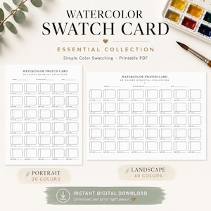 Könnte beinhalten: Ein Aquarell-Farbmusterkarten-Set mit einem Hochformat-Layout mit 30 Farbfeldern und einem Querformat-Layout mit 40 Farbfeldern. Der Text lautet Watercolor Swatch Card Essential Collection, Simple Color Swatching, Printable PDF, Instant Digital Download.