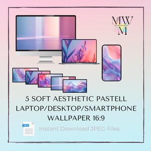 Könnte beinhalten: Fünf weiche, pastellfarbene ästhetische Hintergrundbilder für Laptop, Desktop und Smartphone im 16:9-Format. Sofortiger Download von JPEG-Dateien.