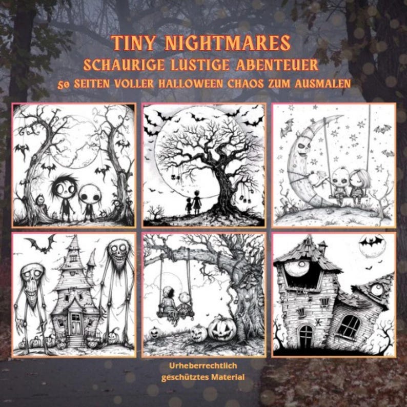 Halloween-Ausmalbuch „Tiny Nightmares“ mit 50 schaurig-süßen und witzigen Motiven. Grinsende Kürbisse, kleine Geister, schräge Monster und geheimnisvolle Szenen warten darauf, ausgemalt zu werden. Greyscale-Bilder für zusätzliche Schattierung enthalten. Sofortiger PDF-Download, hohe Druckqualität garantiert. Geeignet für Buntstifte, Marker oder Gelstifte. Kreative Halloween-Fantasie, nur für privaten Gebrauch.