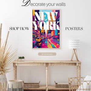 Plakat ścienny Neon NYC - Trippy New York Skyline Art, Funky Urban Vibes - Wystrój domu, Wystrój ścienny, Prezenty dla miłośników Nowego Jorku - Cyfrowy JPG