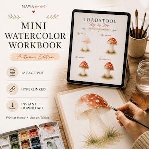 Könnte beinhalten: Ein digitales Mini-Aquarell-Arbeitsbuch mit dem Titel Autumn Edition von MAWA for Art, das auf einem Tablet angezeigt wird und eine vierstufige Anleitung zum Malen von Fliegenpilzen enthält. Das 12-seitige PDF ist verlinkt.