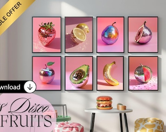 May include: A collection of eight framed art prints featuring disco ball-style fruits, including a strawberry, lemon, pear, fig, apple, avocado, banana, and watermelon. The prints are set against a pink background, with the text "18 Disco Fruits" at the bottom.
