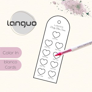 Herzförmige Swatch Cards für Languo 240 Acrylic Paint Markers auf einem neutralen Hintergrund. Mehrere schmale Karten mit gleichmäßig angeordneten Herzfeldern zum Ausmalen jeder einzelnen Farbe. Die Karten sind übersichtlich strukturiert, nach Farbgruppen sortiert und nummeriert. Das Design ist klar, ruhig und funktional. Ideal zum Testen, Vergleichen und Ordnen der gesamten 240er Acrylmarker-Palette. Digitales DIN A4 PDF zum Ausdrucken.