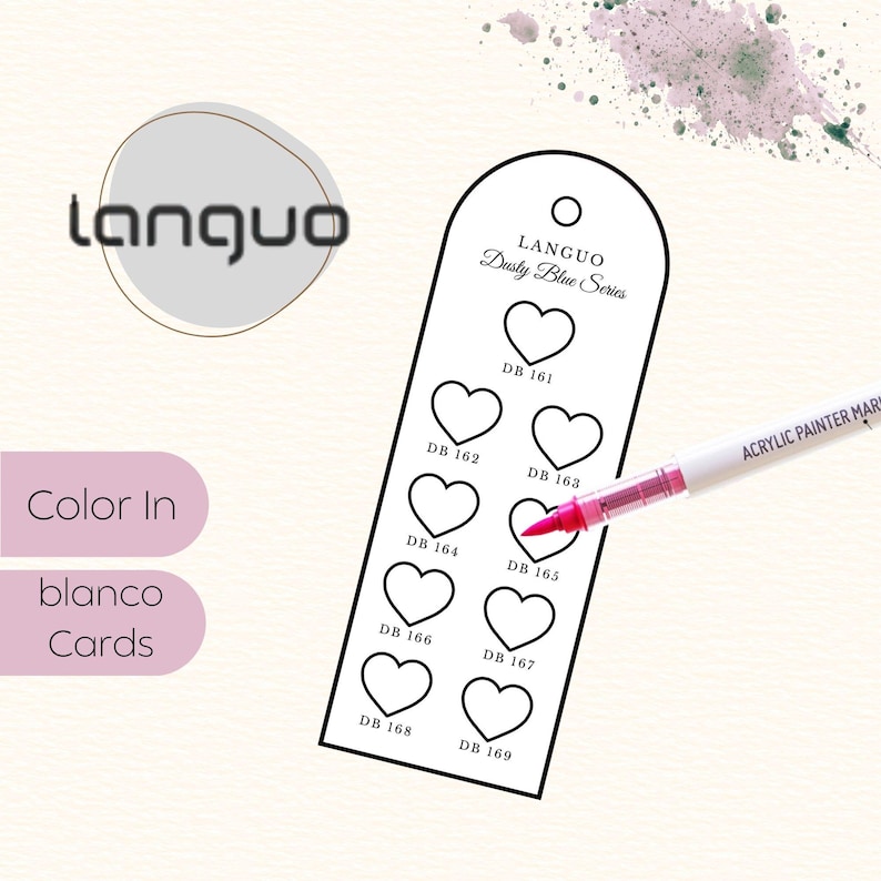 Herzförmige Swatch Cards für Languo 240 Acrylic Paint Markers auf einem neutralen Hintergrund. Mehrere schmale Karten mit gleichmäßig angeordneten Herzfeldern zum Ausmalen jeder einzelnen Farbe. Die Karten sind übersichtlich strukturiert, nach Farbgruppen sortiert und nummeriert. Das Design ist klar, ruhig und funktional. Ideal zum Testen, Vergleichen und Ordnen der gesamten 240er Acrylmarker-Palette. Digitales DIN A4 PDF zum Ausdrucken.