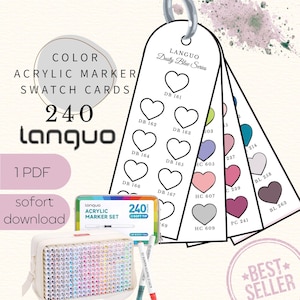 Puede incluir: Un conjunto de 240 tarjetas de muestras de rotuladores acrílicos con una variedad de colores, incluyendo una "Dusty Blue Series". La imagen también muestra un juego de rotuladores, un estuche y el texto "Best Seller".