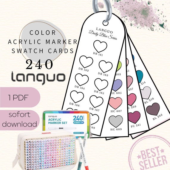 Swatch Cards für Languo 240 Acrylic Paint Markers | Herz Design | DIN A4 PDF | Sofort Download