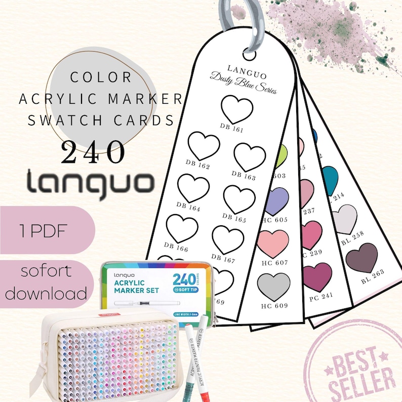 Herzförmige Swatch Cards für Languo 240 Acrylic Paint Markers auf einem neutralen Hintergrund. Mehrere schmale Karten mit gleichmäßig angeordneten Herzfeldern zum Ausmalen jeder einzelnen Farbe. Die Karten sind übersichtlich strukturiert, nach Farbgruppen sortiert und nummeriert. Das Design ist klar, ruhig und funktional. Ideal zum Testen, Vergleichen und Ordnen der gesamten 240er Acrylmarker-Palette. Digitales DIN A4 PDF zum Ausdrucken.