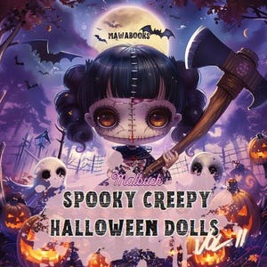 Digitales Ausmalbuch „Spooky Creepy Halloween Dolls Vol. 2“ mit 50 gruselig-süßen Puppenmotiven. Jede Seite zeigt eine einzigartige Halloween-Figur, mal verspielt, mal unheimlich. PDF-Download, sofort verfügbar über Google Drive, beliebig oft druckbar. Geeignet für Buntstifte, Gelstifte, Marker oder Fineliner. Bonus-Motive inklusive. Perfekt für Kinder und Erwachsene, die Halloween lieben.