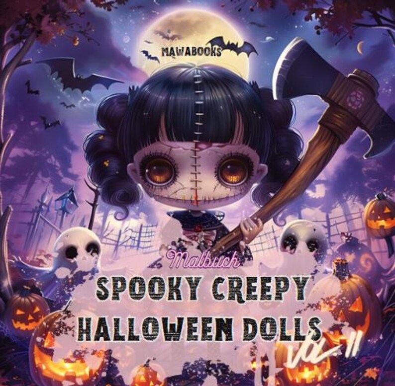 Digitales Ausmalbuch „Spooky Creepy Halloween Dolls Vol. 2“ mit 50 gruselig-süßen Puppenmotiven. Jede Seite zeigt eine einzigartige Halloween-Figur, mal verspielt, mal unheimlich. PDF-Download, sofort verfügbar über Google Drive, beliebig oft druckbar. Geeignet für Buntstifte, Gelstifte, Marker oder Fineliner. Bonus-Motive inklusive. Perfekt für Kinder und Erwachsene, die Halloween lieben.