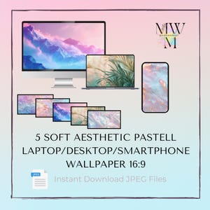 Könnte beinhalten: Fünf weiche, ästhetische Pastell-Hintergrundbilder für Laptop, Desktop und Smartphone. Die Hintergrundbilder zeigen eine Vielzahl von abstrakten Designs in sanften Rosa-, Blau- und Weißtönen. Das Bild enthält auch den Text "5 SOFT AESTHETIC PASTELL LAPTOP/DESKTOP/SMARTPHONE WALLPAPER 16:9 Instant Download JPEG Files".