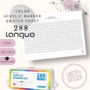 以下が含まれることがあります： 288色のブロックと「COLOR ACRYLIC MARKER SWATCH SHEET」と「Languo」の文字が入った白い見本シート。レインボーデザインのペンケースと「ACRYLIC MARKER SET」と「288 COLORS」の文字。