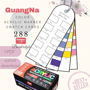 Könnte beinhalten: Acryl-Pinselmarker-Set mit 288 Farben, dargestellt mit Farbmusterkarten. Die Karten sind mit Farbcode und dem Markennamen "GuangNa" versehen. Die Verpackung ist schwarz und rot, mit dem Text "ACRYLIC BRUSH MARKER".