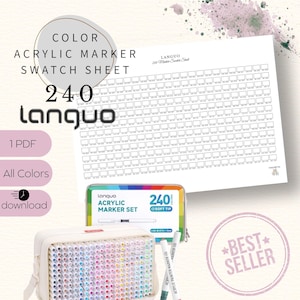 May include: A colour acrylic marker swatch sheet with the text "COLOR ACRYLIC MARKER SWATCH SHEET 240 Languo". The image also shows a set of 240 soft tip acrylic markers and a carrying case.