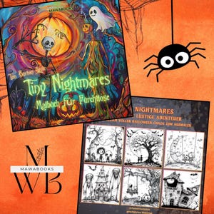 Halloween-Ausmalbuch „Tiny Nightmares“ mit 50 schaurig-süßen und witzigen Motiven. Grinsende Kürbisse, kleine Geister, schräge Monster und geheimnisvolle Szenen warten darauf, ausgemalt zu werden. Greyscale-Bilder für zusätzliche Schattierung enthalten. Sofortiger PDF-Download, hohe Druckqualität garantiert. Geeignet für Buntstifte, Marker oder Gelstifte. Kreative Halloween-Fantasie, nur für privaten Gebrauch.