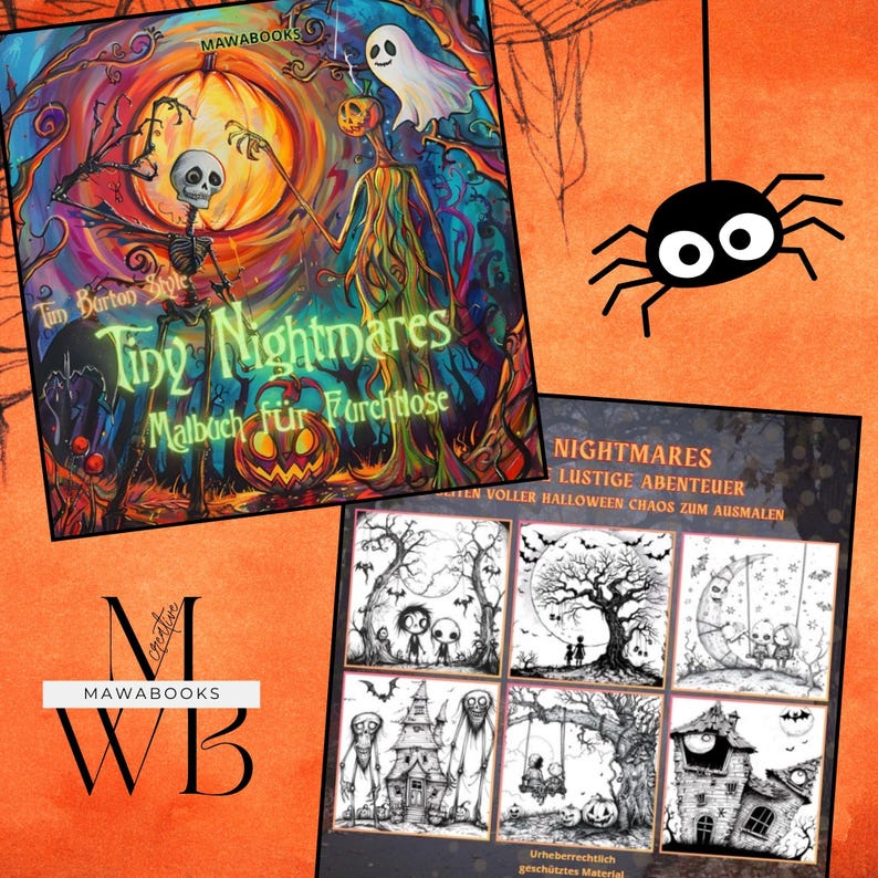 Halloween-Ausmalbuch „Tiny Nightmares“ mit 50 schaurig-süßen und witzigen Motiven. Grinsende Kürbisse, kleine Geister, schräge Monster und geheimnisvolle Szenen warten darauf, ausgemalt zu werden. Greyscale-Bilder für zusätzliche Schattierung enthalten. Sofortiger PDF-Download, hohe Druckqualität garantiert. Geeignet für Buntstifte, Marker oder Gelstifte. Kreative Halloween-Fantasie, nur für privaten Gebrauch.
