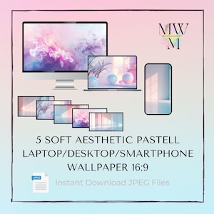 Könnte beinhalten: Fünf weiche, ästhetische Pastell-Hintergrundbilder für Laptop, Desktop und Smartphone. Die Hintergrundbilder zeigen eine Vielzahl von abstrakten Designs in sanften Rosa-, Blau- und Lilatönen. Sofortiger Download von JPEG-Dateien.