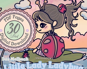 Little Ladybug & Fairy Friends - complete coloring book, 30 hand-painted pages, as a PDF, English and German version, including swatch and pattern pages.