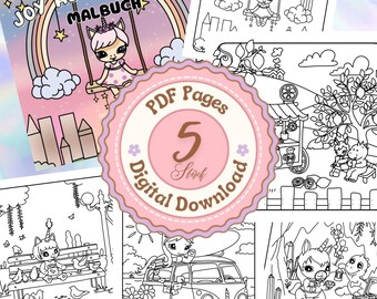 May include: A collection of digital coloring pages featuring whimsical unicorn characters in various scenes. The pages include a unicorn on a swing, a unicorn in a van, and a unicorn with friends. The text "JOY ADVENTURES! MALBUCH" is visible.