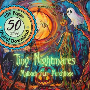 Halloween-Ausmalbuch „Tiny Nightmares“ mit 50 schaurig-süßen und witzigen Motiven. Grinsende Kürbisse, kleine Geister, schräge Monster und geheimnisvolle Szenen warten darauf, ausgemalt zu werden. Greyscale-Bilder für zusätzliche Schattierung enthalten. Sofortiger PDF-Download, hohe Druckqualität garantiert. Geeignet für Buntstifte, Marker oder Gelstifte. Kreative Halloween-Fantasie, nur für privaten Gebrauch.