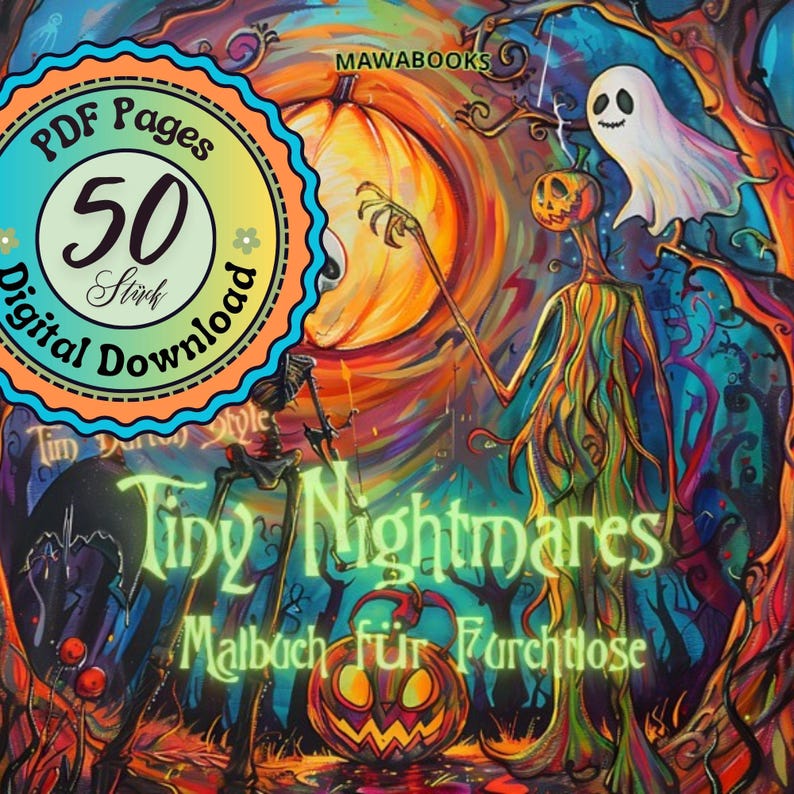 Halloween-Ausmalbuch „Tiny Nightmares“ mit 50 schaurig-süßen und witzigen Motiven. Grinsende Kürbisse, kleine Geister, schräge Monster und geheimnisvolle Szenen warten darauf, ausgemalt zu werden. Greyscale-Bilder für zusätzliche Schattierung enthalten. Sofortiger PDF-Download, hohe Druckqualität garantiert. Geeignet für Buntstifte, Marker oder Gelstifte. Kreative Halloween-Fantasie, nur für privaten Gebrauch.