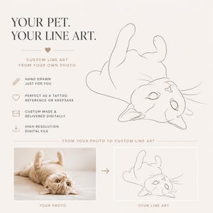 Könnte beinhalten: Eine digitale Grafik für einen individuellen Strichzeichnungs-Service für Haustiere. Der Text lautet: YOUR PET. YOUR LINE ART. CUSTOM LINE ART FROM YOUR OWN PHOTO. HAND DRAWN JUST FOR YOU. PERFECT AS A TATTOO REFERENCE OR KEEPSAKE. CUSTOM MADE & DELIVERED DIGITALLY. HIGH RESOLUTION DIGITAL FILE. FROM YOUR PHOTO TO CUSTOM LINE ART. YOUR PHOTO. YOUR LINE ART. Das Bild zeigt eine Strichzeichnung einer Katze auf dem Rücken und ein Referenzfoto einer Katze in derselben Pose.