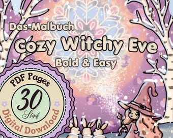 Cozy Witchy Eve | 30 Hand-Painted Coloring Pages | Cute Winter Witchy Spell: Cute witch, winter scenes, cozy atmosphere