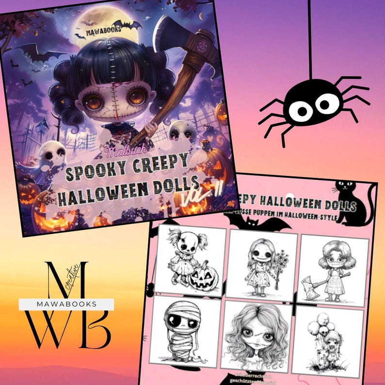 Digitales Ausmalbuch „Spooky Creepy Halloween Dolls Vol. 2“ mit 50 gruselig-süßen Puppenmotiven. Jede Seite zeigt eine einzigartige Halloween-Figur, mal verspielt, mal unheimlich. PDF-Download, sofort verfügbar über Google Drive, beliebig oft druckbar. Geeignet für Buntstifte, Gelstifte, Marker oder Fineliner. Bonus-Motive inklusive. Perfekt für Kinder und Erwachsene, die Halloween lieben.