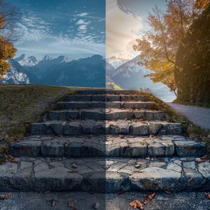 May include: A split image of a stone staircase leading up to a mountain range under a blue sky. The left side is darker, while the right side is brighter, showing a path and trees.