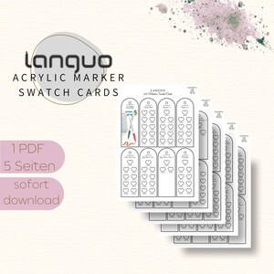 Swatch Cards für Languo 288 Acrylic Paint Markers im Herz Design mit 10 Ausmalfeldern pro Karte auf einem DIN A4 PDF zum Ausdrucken. Leere Farbtestkarten im Format 4,5 x 12,5 cm zum Testen, Vergleichen und Ordnen aller 288 Farben aus dem Set. Funktioniert mit Acryltinten auf Papier, Holz, Stein, Glas und anderen Flächen. Mehrere Karten pro Seite, sauber strukturiert. Digitaler Sofort Download ohne physische Lieferung. Kein Umtausch möglich.