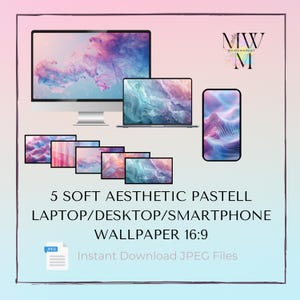 Könnte beinhalten: Ein digitales Kunstbild mit einem Desktop-Computer, einem Laptop und einem Smartphone, die abstrakte Pastell-Hintergründe anzeigen. Das Bild enthält fünf zusätzliche Wallpaper-Designs. Der Text lautet: "5 Soft Aesthetic Pastell Laptop/Desktop/Smartphone Wallpaper 16:9".