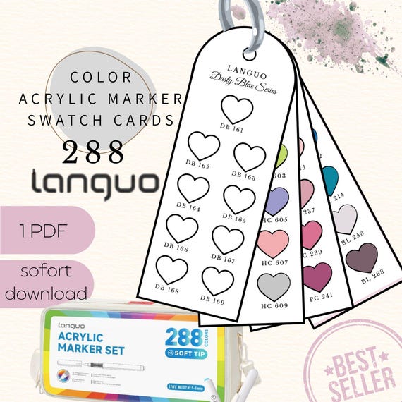 Swatch Cards für Languo 288 Acrylic Paint Markers | Herz Design | DIN A4 PDF | Sofort Download