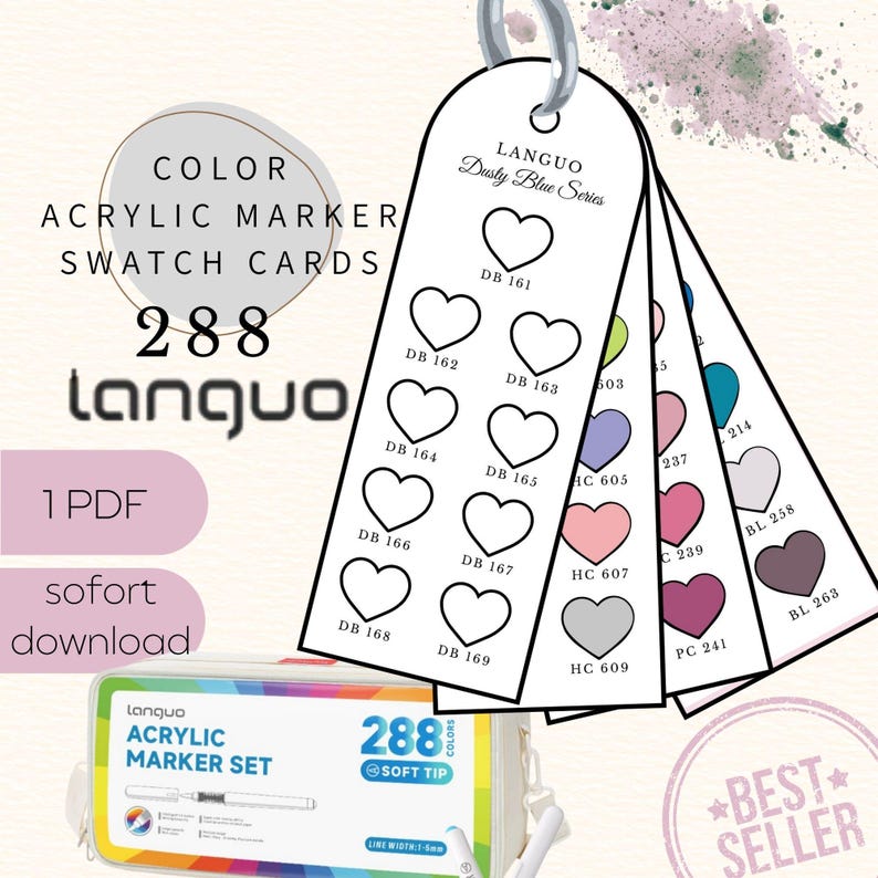 Swatch Cards für Languo 288 Acrylic Paint Markers im Herz Design mit 10 Ausmalfeldern pro Karte auf einem DIN A4 PDF zum Ausdrucken. Leere Farbtestkarten im Format 4,5 x 12,5 cm zum Testen, Vergleichen und Ordnen aller 288 Farben aus dem Set. Funktioniert mit Acryltinten auf Papier, Holz, Stein, Glas und anderen Flächen. Mehrere Karten pro Seite, sauber strukturiert. Digitaler Sofort Download ohne physische Lieferung. Kein Umtausch möglich.