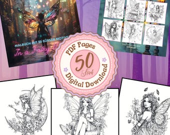 May include: A digital download of 50 coloring pages featuring fairies in a variety of whimsical settings. The cover image shows a fairy with iridescent wings flying through a city street with glowing lights. The text "In a Fairy World" is displayed on the cover.