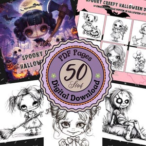 Digitales Ausmalbuch „Spooky Creepy Halloween Dolls Vol. 2“ mit 50 gruselig-süßen Puppenmotiven. Jede Seite zeigt eine einzigartige Halloween-Figur, mal verspielt, mal unheimlich. PDF-Download, sofort verfügbar über Google Drive, beliebig oft druckbar. Geeignet für Buntstifte, Gelstifte, Marker oder Fineliner. Bonus-Motive inklusive. Perfekt für Kinder und Erwachsene, die Halloween lieben.