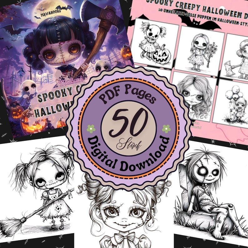 Digitales Ausmalbuch „Spooky Creepy Halloween Dolls Vol. 2“ mit 50 gruselig-süßen Puppenmotiven. Jede Seite zeigt eine einzigartige Halloween-Figur, mal verspielt, mal unheimlich. PDF-Download, sofort verfügbar über Google Drive, beliebig oft druckbar. Geeignet für Buntstifte, Gelstifte, Marker oder Fineliner. Bonus-Motive inklusive. Perfekt für Kinder und Erwachsene, die Halloween lieben.