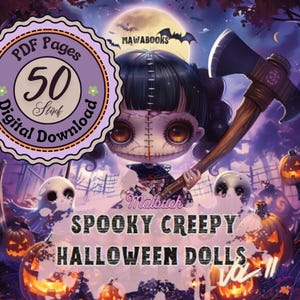 Digitales Ausmalbuch „Spooky Creepy Halloween Dolls Vol. 2“ mit 50 gruselig-süßen Puppenmotiven. Jede Seite zeigt eine einzigartige Halloween-Figur, mal verspielt, mal unheimlich. PDF-Download, sofort verfügbar über Google Drive, beliebig oft druckbar. Geeignet für Buntstifte, Gelstifte, Marker oder Fineliner. Bonus-Motive inklusive. Perfekt für Kinder und Erwachsene, die Halloween lieben.