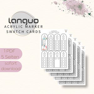 Herzförmige Swatch Cards für Languo 240 Acrylic Paint Markers auf einem neutralen Hintergrund. Mehrere schmale Karten mit gleichmäßig angeordneten Herzfeldern zum Ausmalen jeder einzelnen Farbe. Die Karten sind übersichtlich strukturiert, nach Farbgruppen sortiert und nummeriert. Das Design ist klar, ruhig und funktional. Ideal zum Testen, Vergleichen und Ordnen der gesamten 240er Acrylmarker-Palette. Digitales DIN A4 PDF zum Ausdrucken.