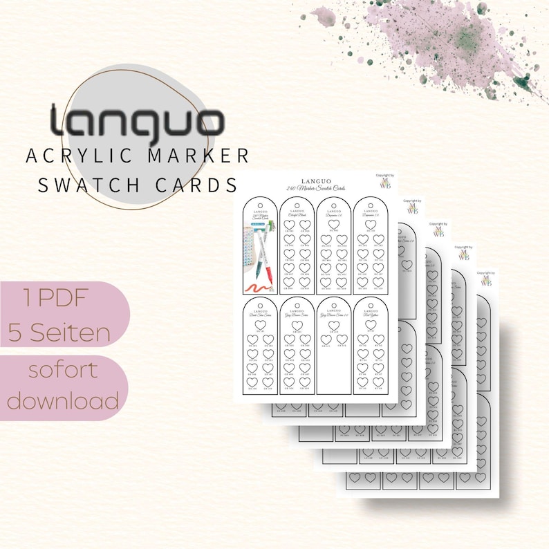 Herzförmige Swatch Cards für Languo 240 Acrylic Paint Markers auf einem neutralen Hintergrund. Mehrere schmale Karten mit gleichmäßig angeordneten Herzfeldern zum Ausmalen jeder einzelnen Farbe. Die Karten sind übersichtlich strukturiert, nach Farbgruppen sortiert und nummeriert. Das Design ist klar, ruhig und funktional. Ideal zum Testen, Vergleichen und Ordnen der gesamten 240er Acrylmarker-Palette. Digitales DIN A4 PDF zum Ausdrucken.