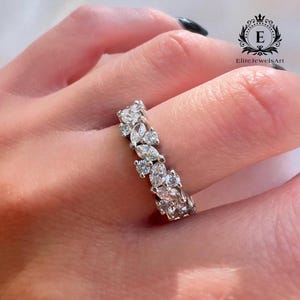 Mixed Cut Moissanite Eternity Band | Marquise & Round Cut Full Eternity Ring in White Gold | Sparkly Anniversary or Stacking Ring for Her