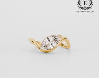 1.15 CT Marquise Cut Moissanite Diamond Ring | Semi Bezel Setting on Sweeping 18K Yellow Gold Wave | Soft Curved Band Bridal Jewelry