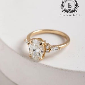 2.00 CT Oval Moissanite Engagement Ring | Unique Design with  Marquise and Round Side Stones Gold Ring | Wedding Bridal Promise Ring