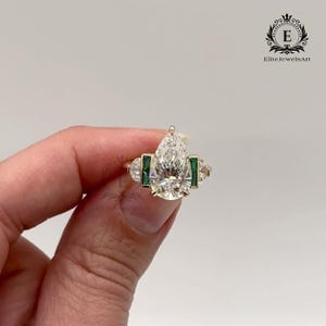 3.5 CT Pear Cut Moissanite Ring with Emerald Accents | Art Deco Inspired Statement Ring | Vintage Engagement Ring for Women