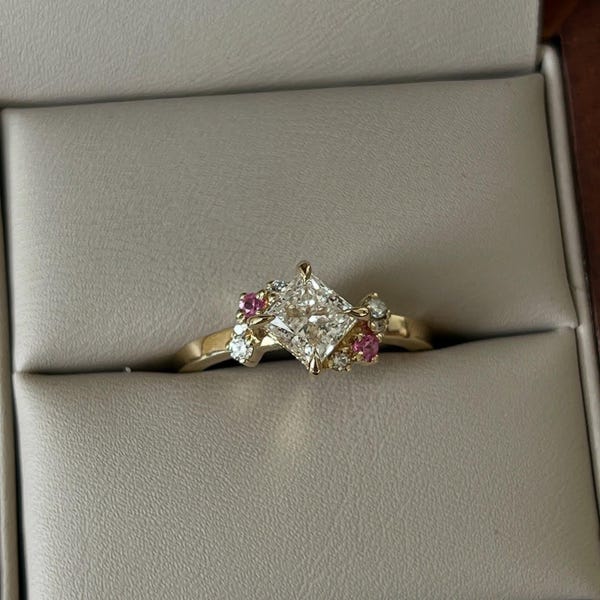 Princess Cut Moissanite Ring with Pink Sapphire Accents | Cluster Engagement Ring | Gold Statement Wedding Band | Unique Gift for Her
