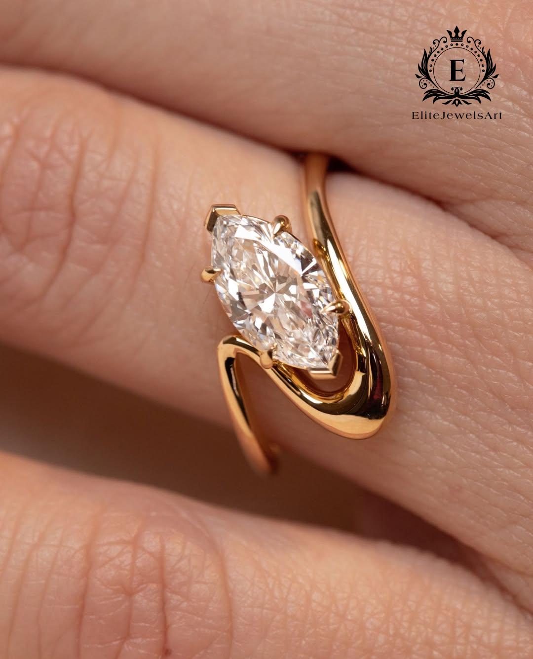 Marquise Cut Moissanite Ring | 2.5CT Low-Set Claw Setting with Gold Wave Band | Modern Sculptural Engagement Ring for Her | Promise Jewelry