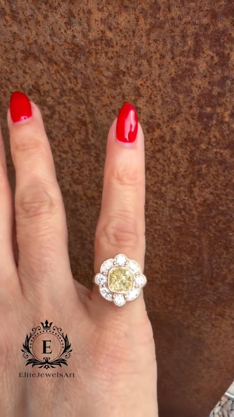 1 CT Cushion Cut Fancy Yellow Lab Grown Diamond Ring | Floral Halo ...
