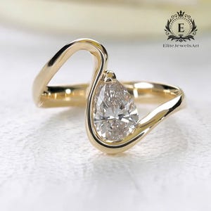 1.5 CT Pear Cut Curved Moissanite Engagement Ring | 14K Yellow Gold Bezel Set | Unique Twist Design | Solitaire Ring | Anniversary Gift