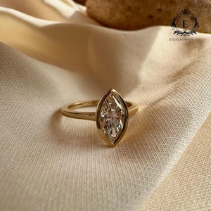 2 CT Marquise Cut Moissanite Ring | Bezel Set Solitaire in Yellow Gold | Modern Minimalist Engagement Ring | Unique Marquise Diamond Ring